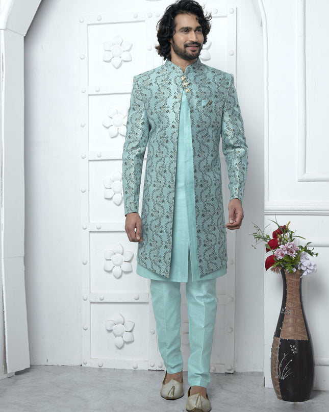 Firozi Jacquard Silk 3 Pc Indo Western Outfit