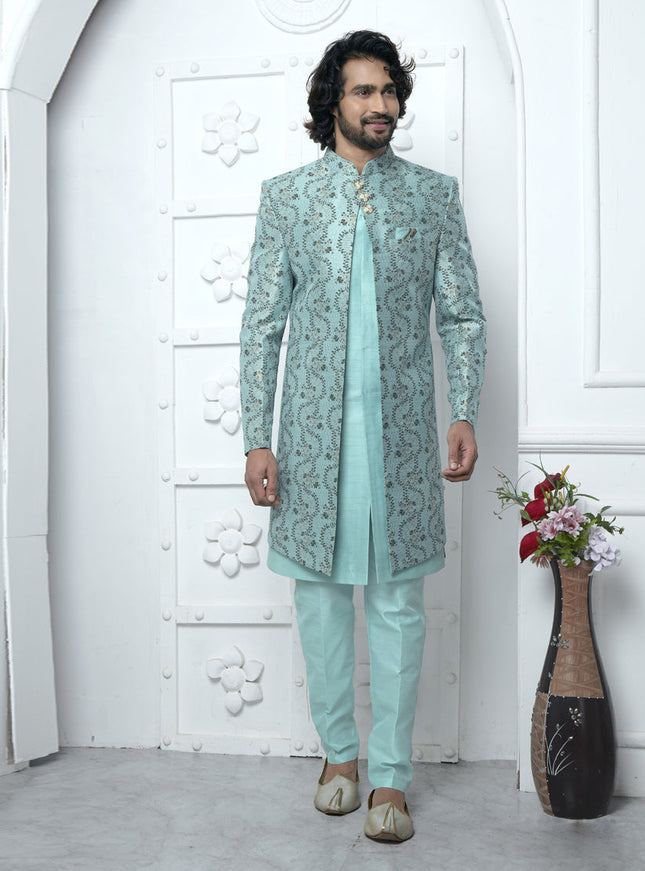 Firozi Jacquard Silk 3 Pc Indo Western Outfit