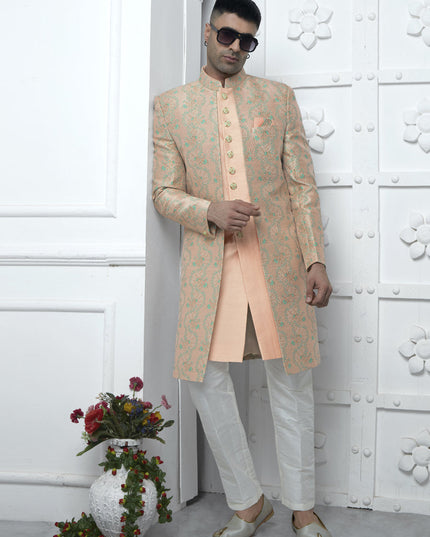 Peach Jacquard Silk 3 Pc Indo Western Outfit