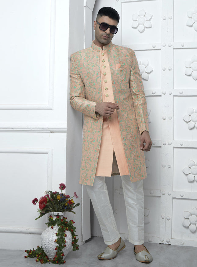 Peach Jacquard Silk 3 Pc Indo Western Outfit