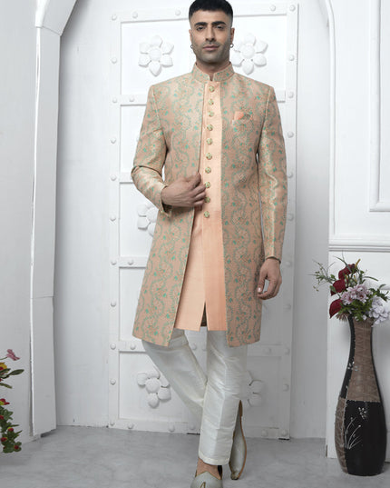 Peach Jacquard Silk 3 Pc Indo Western Outfit