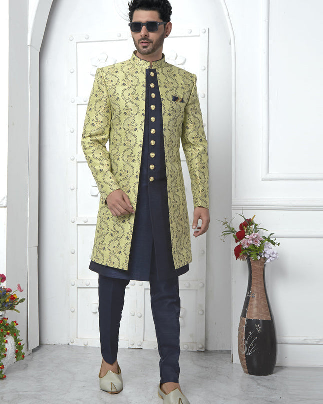 Pastel Green and Navy Blue Jacquard Silk 3 Pc Indo Western Outfit