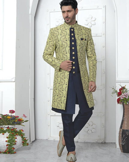 Pastel Green and Navy Blue Jacquard Silk 3 Pc Indo Western Outfit