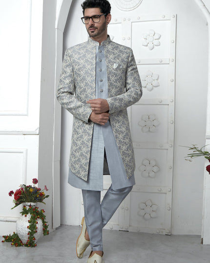 Off White Jacquard Silk 3 Pc Indo Western Outfit