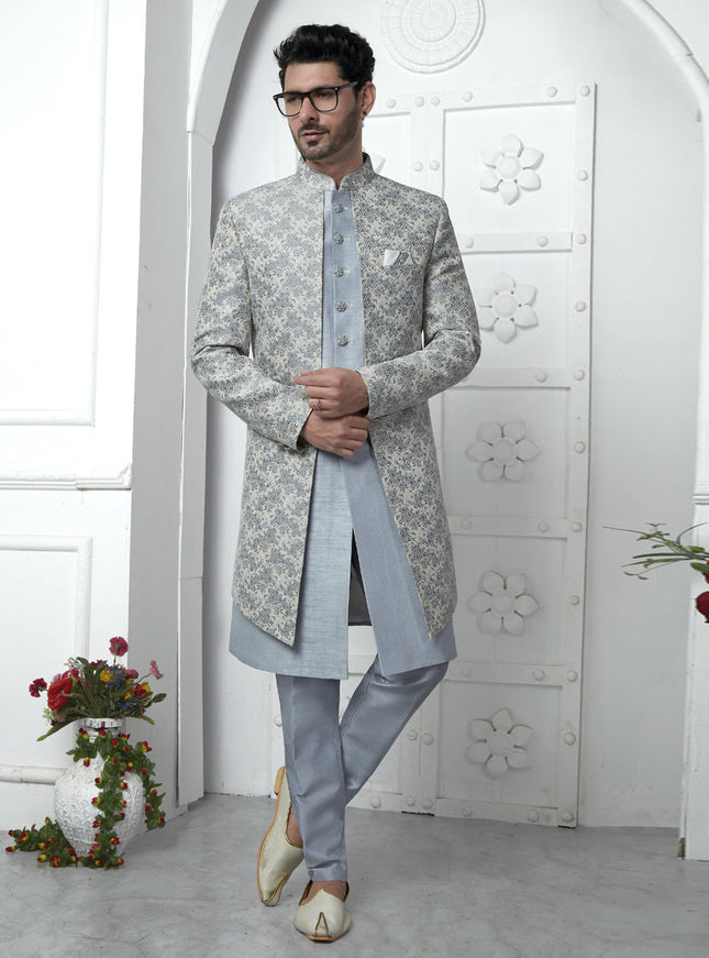 Off White Jacquard Silk 3 Pc Indo Western Outfit