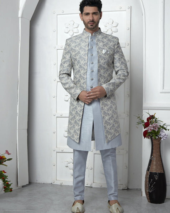 Off White Jacquard Silk 3 Pc Indo Western Outfit