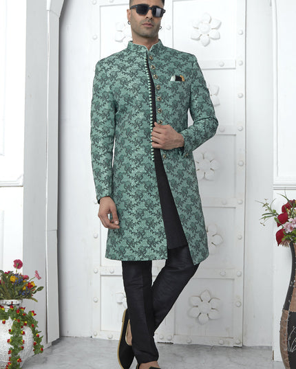 Rama Green and Black Jacquard Silk 3 Pc Indo Western Outfit