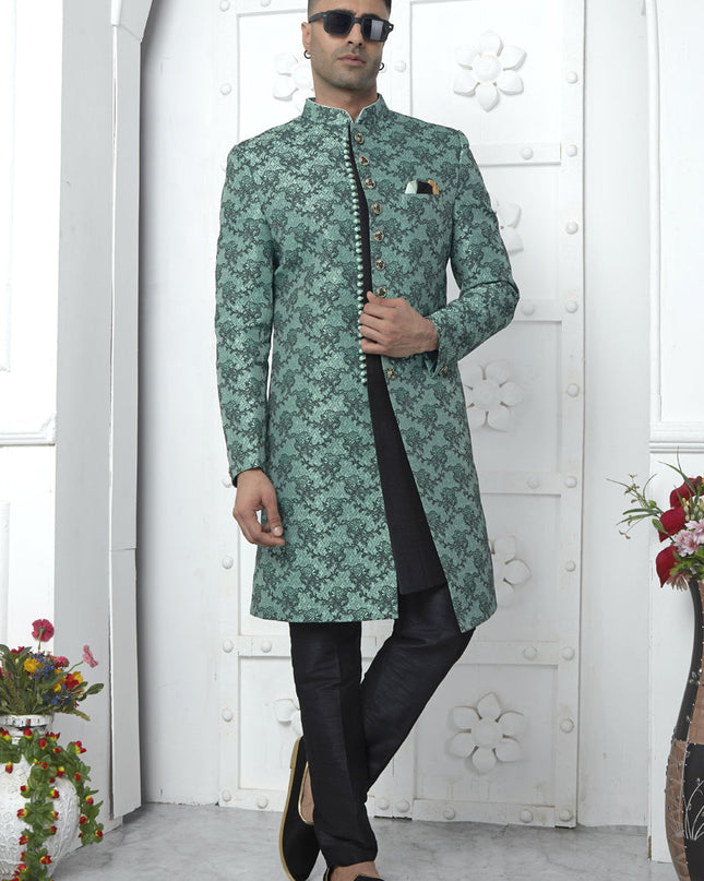 Rama Green and Black Jacquard Silk 3 Pc Indo Western Outfit