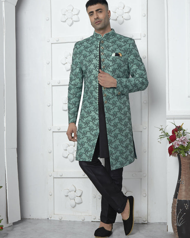 Rama Green and Black Jacquard Silk 3 Pc Indo Western Outfit