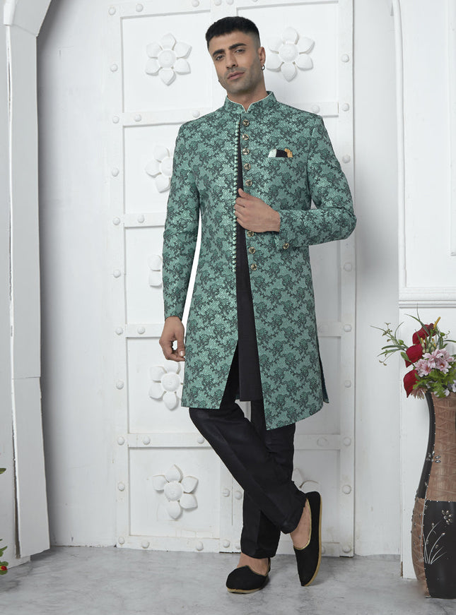 Rama Green and Black Jacquard Silk 3 Pc Indo Western Outfit