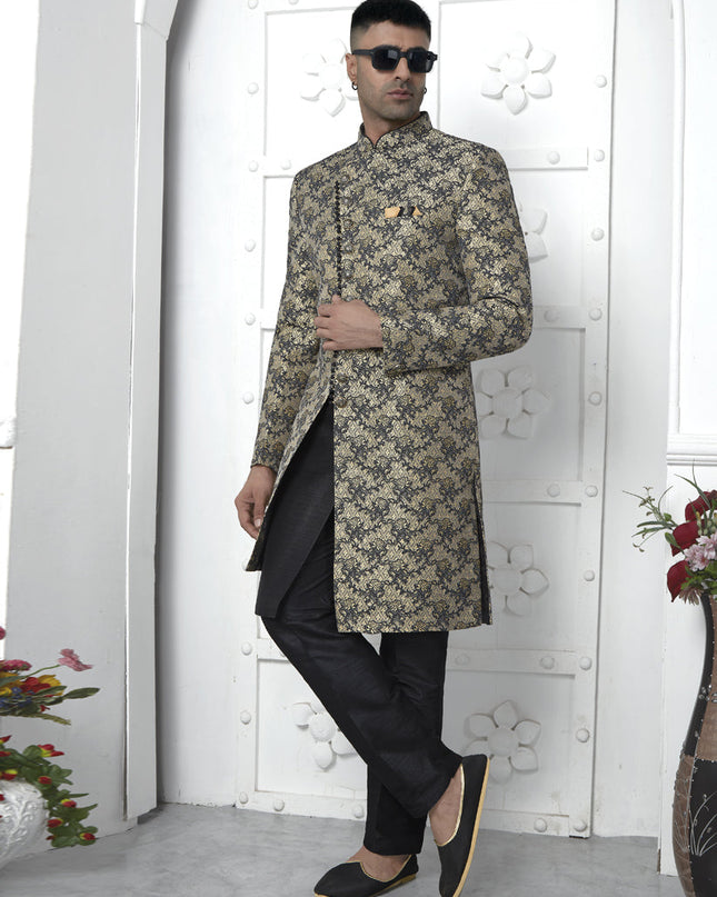 Black Jacquard Silk 3 Pc Indo Western Outfit