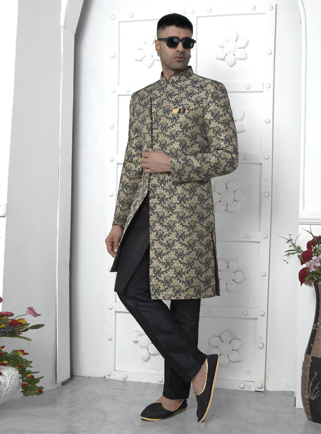 Black Jacquard Silk 3 Pc Indo Western Outfit