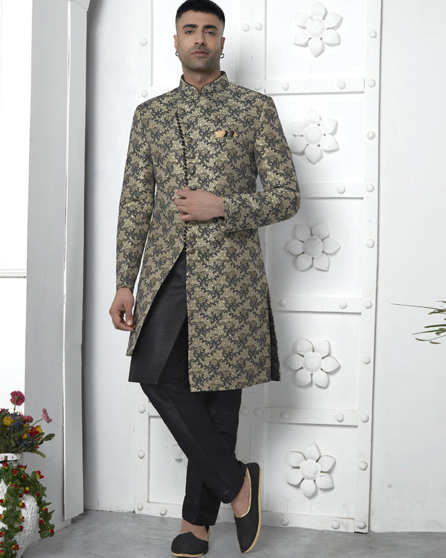 Black Jacquard Silk 3 Pc Indo Western Outfit