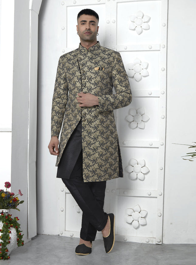 Black Jacquard Silk 3 Pc Indo Western Outfit