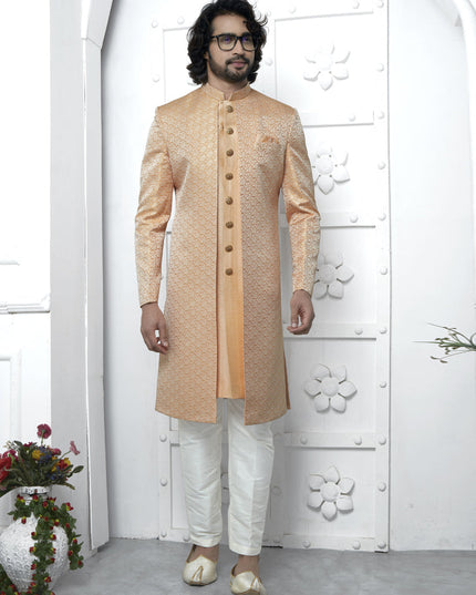 Orange Jacquard Silk 3 Pc Indo Western Outfit