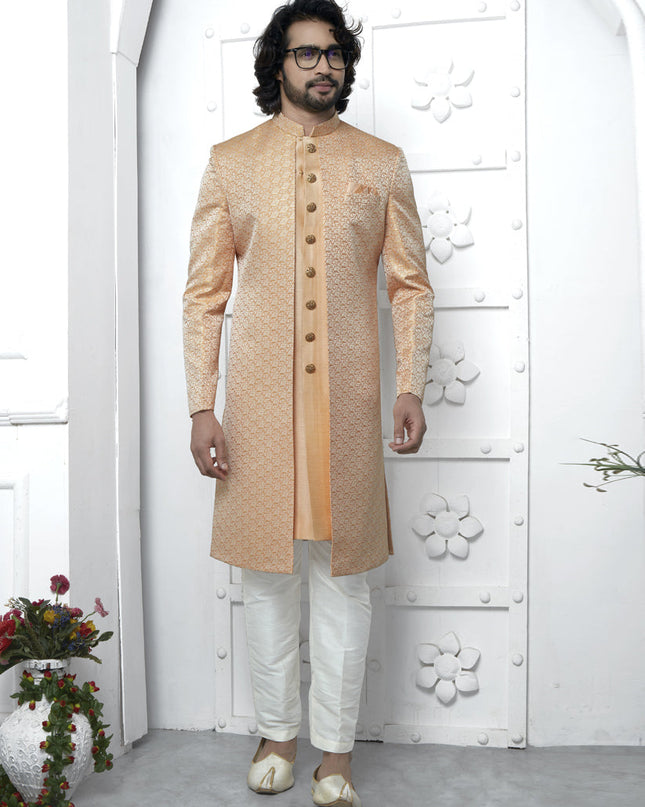 Orange Jacquard Silk 3 Pc Indo Western Outfit