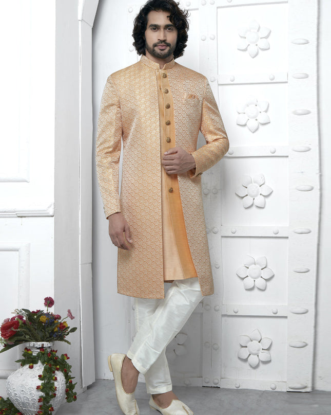 Orange Jacquard Silk 3 Pc Indo Western Outfit