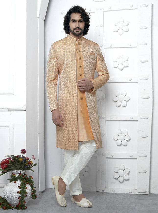 Orange Jacquard Silk 3 Pc Indo Western Outfit