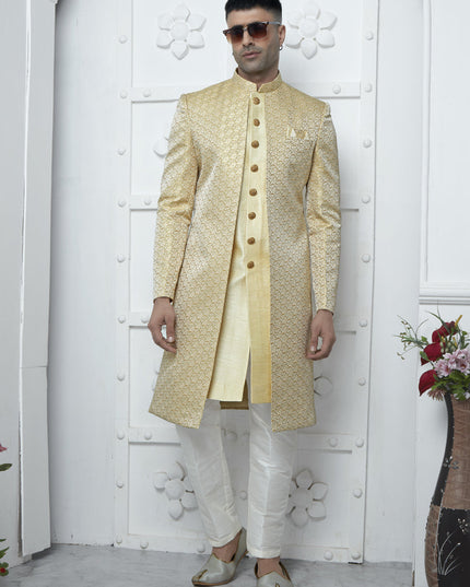 Cream Jacquard Silk 3 Pc Indo Western Outfit