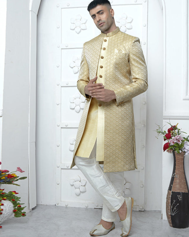 Cream Jacquard Silk 3 Pc Indo Western Outfit