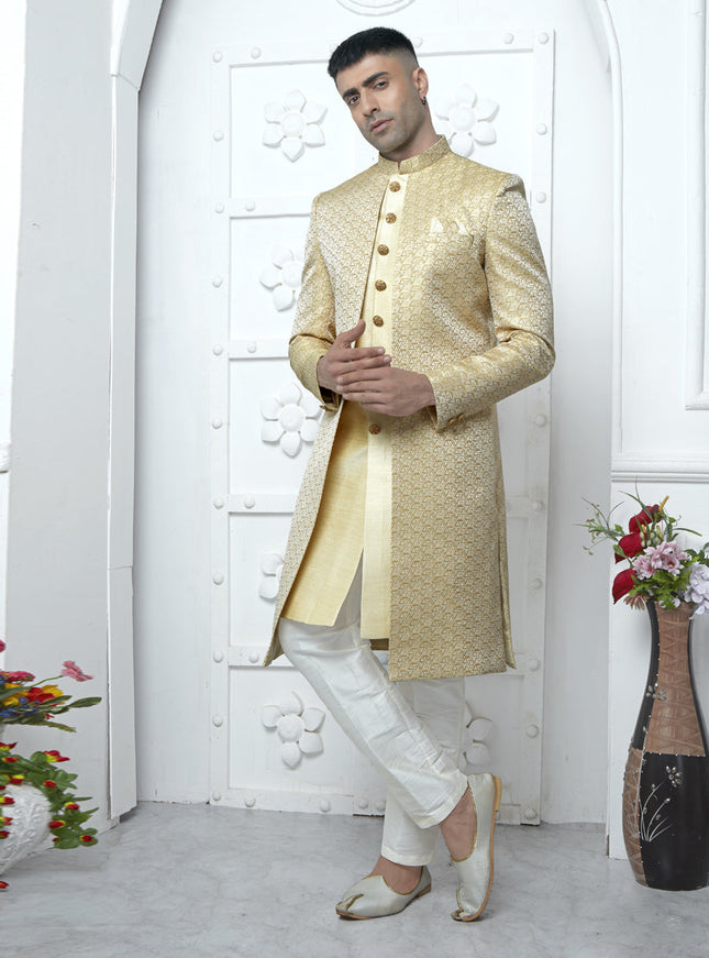 Cream Jacquard Silk 3 Pc Indo Western Outfit