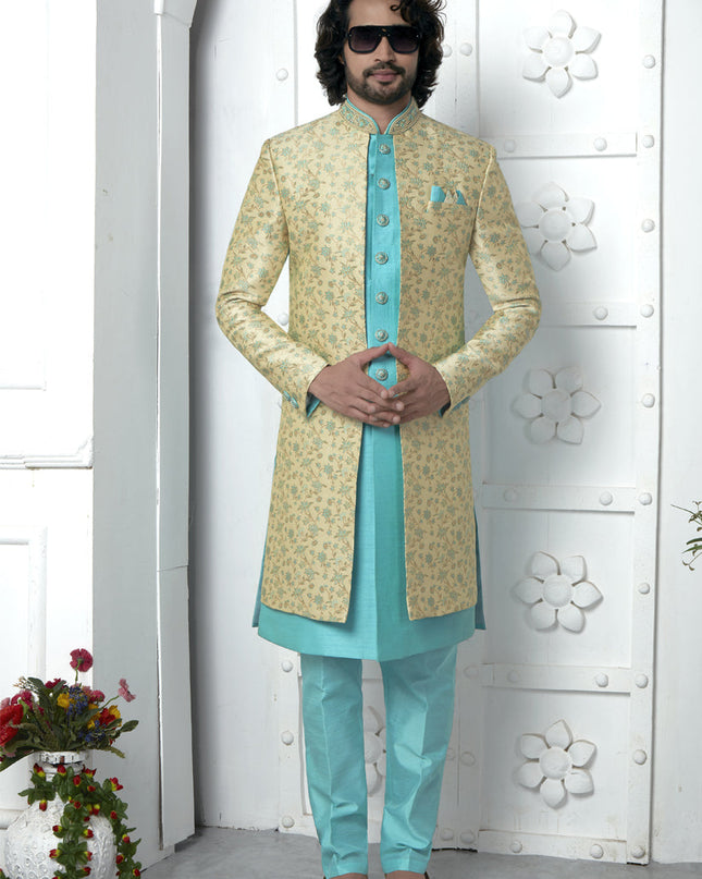 Turquoise and Pastel Yellow Jacquard Silk 3 Pc Indo Western Outfit