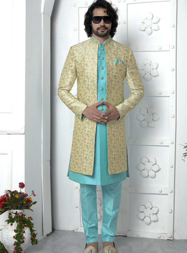 Turquoise and Pastel Yellow Jacquard Silk 3 Pc Indo Western Outfit