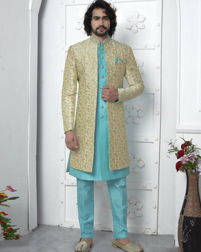 Turquoise and Pastel Yellow Jacquard Silk 3 Pc Indo Western Outfit