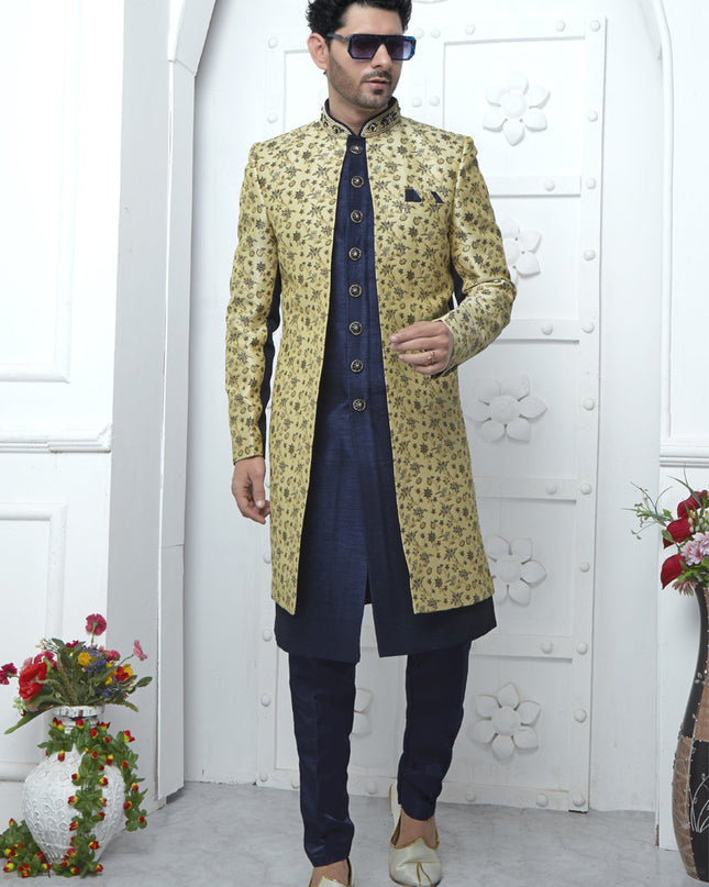Navy Blue and Yellow Jacquard Silk 3 Pc Indo Western Outfit
