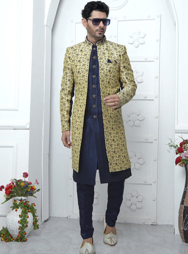 Navy Blue and Yellow Jacquard Silk 3 Pc Indo Western Outfit