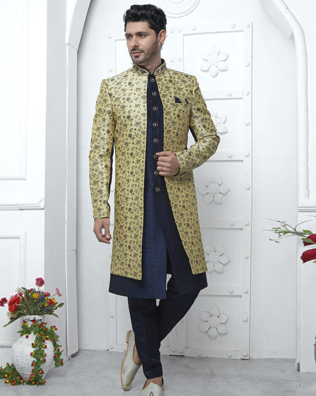 Navy Blue and Yellow Jacquard Silk 3 Pc Indo Western Outfit
