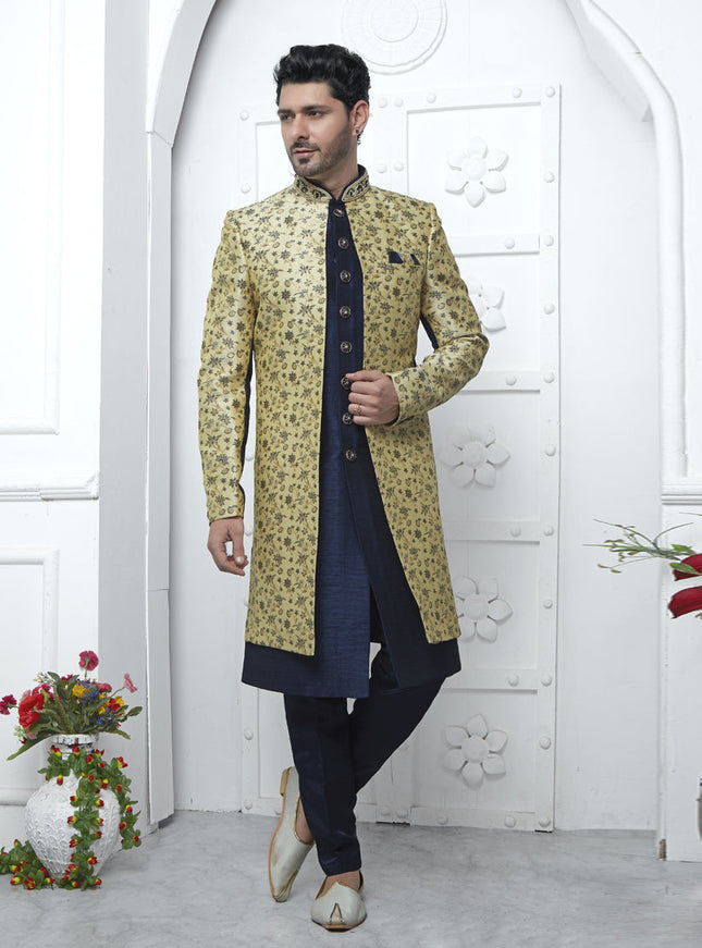 Navy Blue and Yellow Jacquard Silk 3 Pc Indo Western Outfit