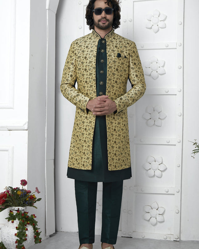 Bottle Green and Yellow Jacquard Silk 3 Pc Indo Western Outfit