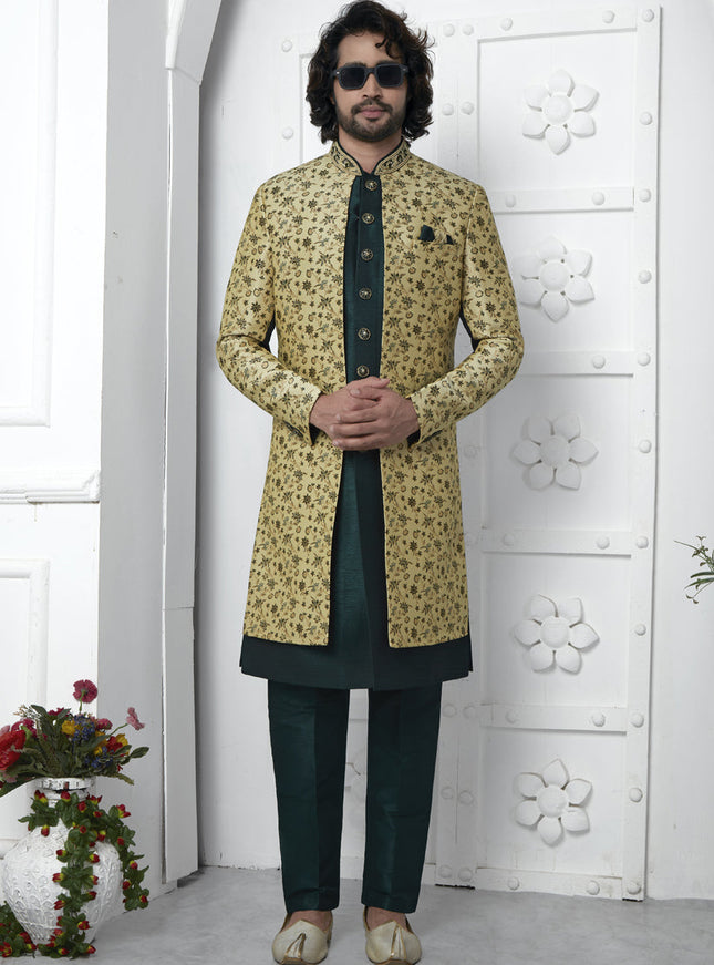 Bottle Green and Yellow Jacquard Silk 3 Pc Indo Western Outfit