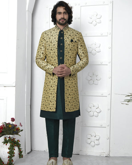 Bottle Green and Yellow Jacquard Silk 3 Pc Indo Western Outfit