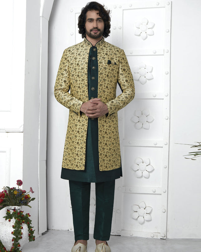 Bottle Green and Yellow Jacquard Silk 3 Pc Indo Western Outfit