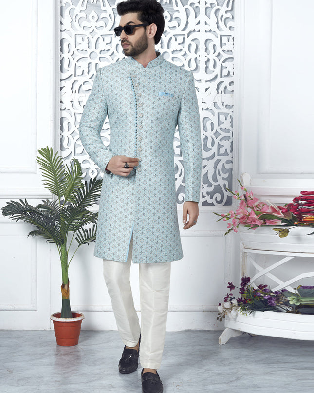 Sky Blue Jacquard Silk Indo Western Outfit