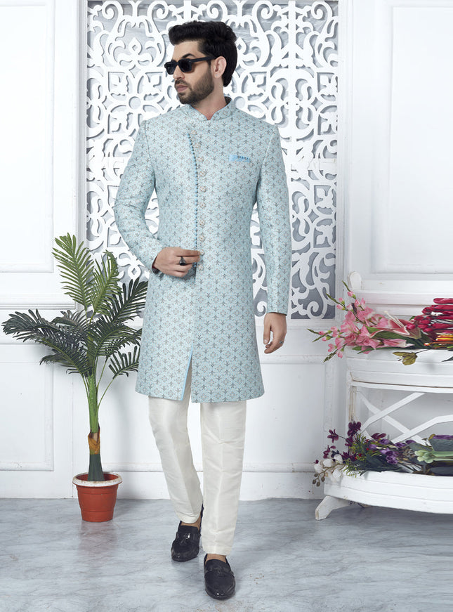 Sky Blue Jacquard Silk Indo Western Outfit