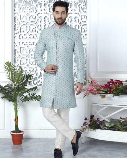 Sky Blue Jacquard Silk Indo Western Outfit