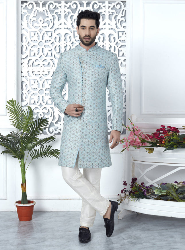 Sky Blue Jacquard Silk Indo Western Outfit