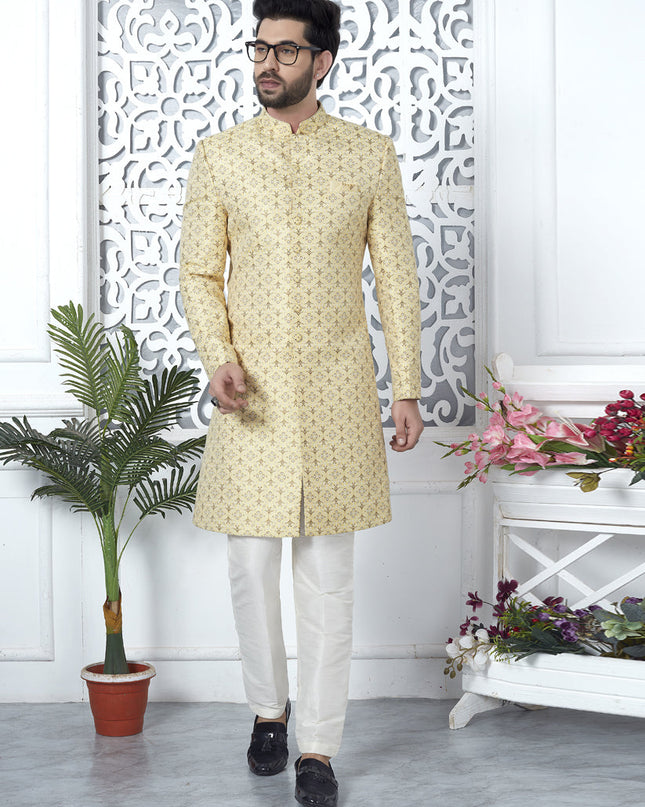 Yellow Jacquard Silk Indo Western Outfit