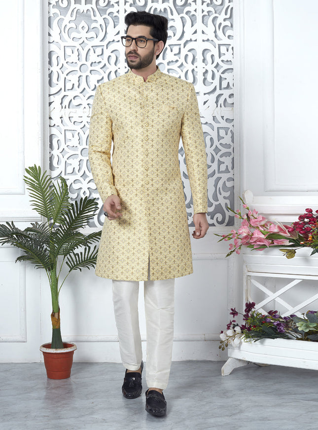 Yellow Jacquard Silk Indo Western Outfit