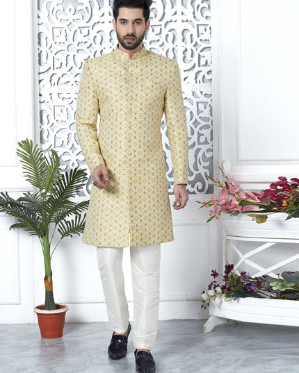 Yellow Jacquard Silk Indo Western Outfit