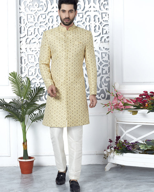 Yellow Jacquard Silk Indo Western Outfit