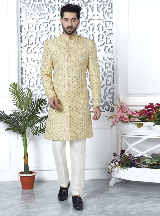 Yellow Jacquard Silk Indo Western Outfit