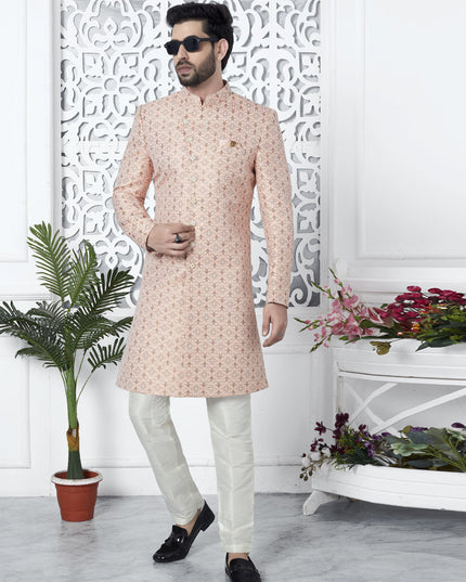 Salmon Pink Jacquard Silk Indo Western Outfit