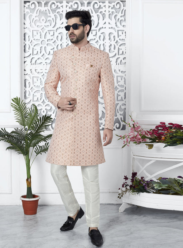 Salmon Pink Jacquard Silk Indo Western Outfit