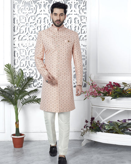 Salmon Pink Jacquard Silk Indo Western Outfit