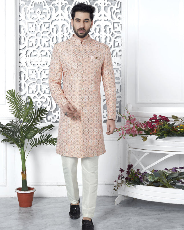 Salmon Pink Jacquard Silk Indo Western Outfit