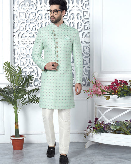 Mint Green Jacquard Silk Indo Western Outfit